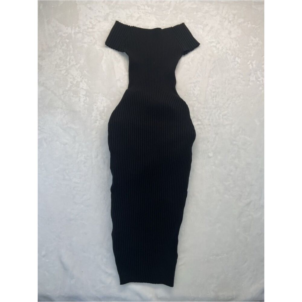 Solemio Dress Womens Medium Black Off Shoulder Ribbed Knit Bodycon Midi Cap M